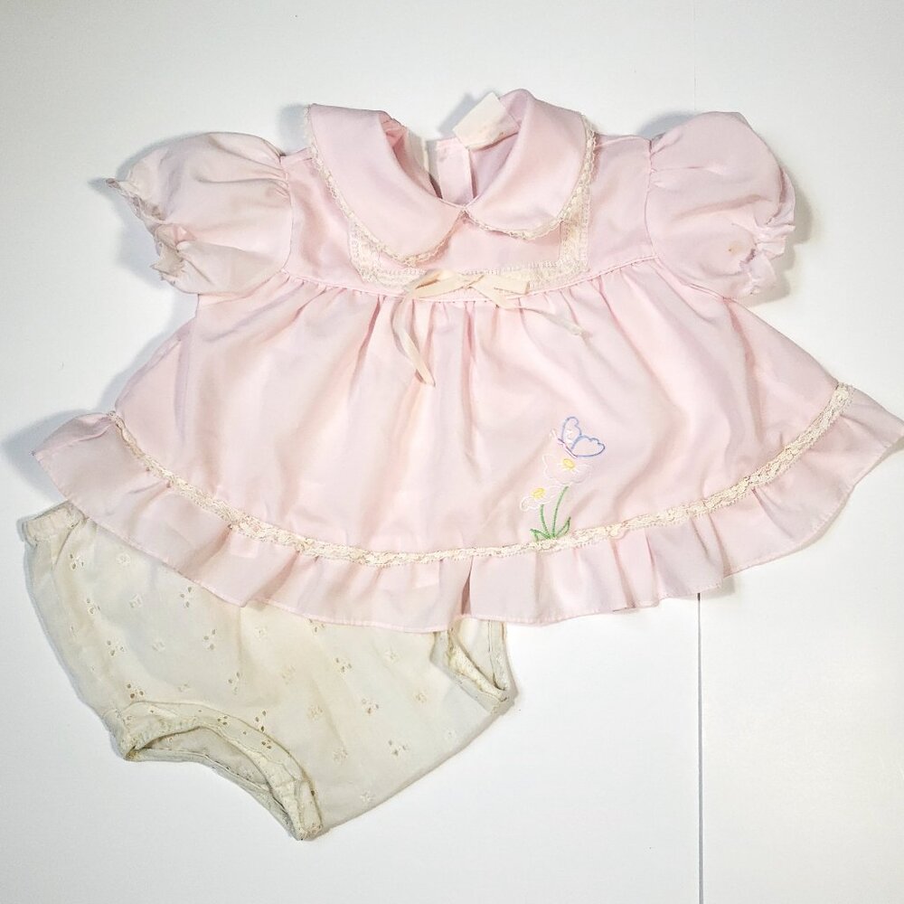 80's Vintage Baby Girl Dress 2-3 Mo Light Pink butterfly embroidered